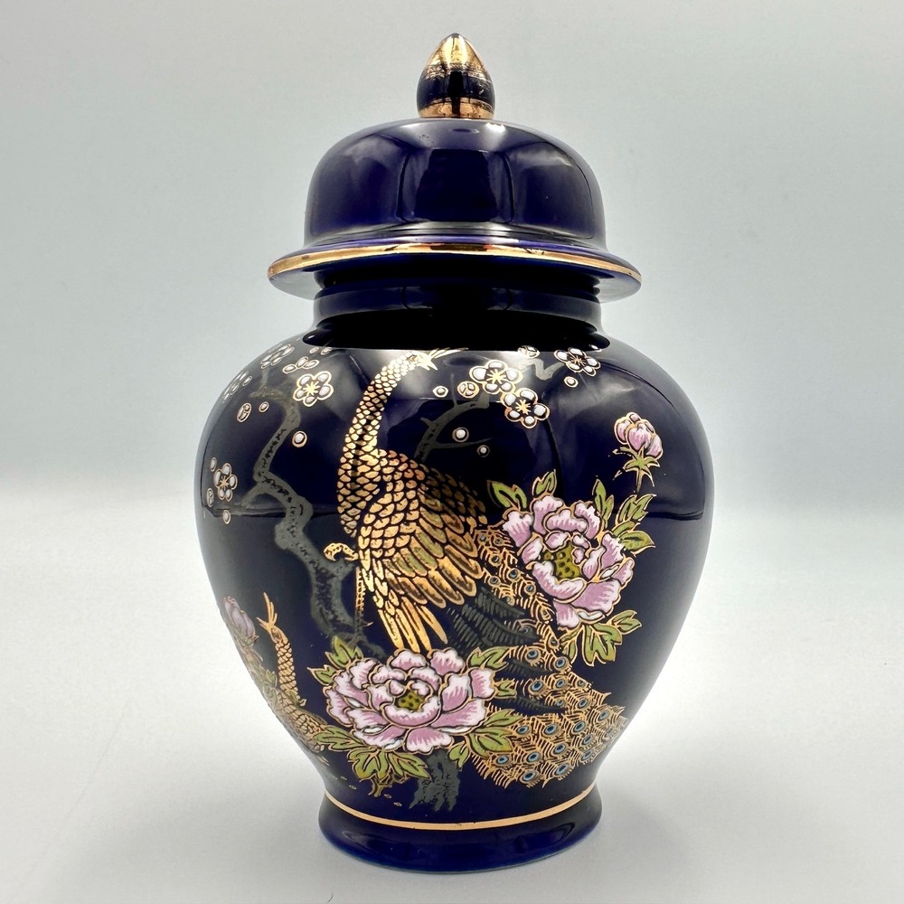 Vintage Cobalt Blue Ginger Jar Gold Peacock Pink Floral Ceramic Lidded Vase